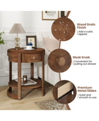 2-Tier Round End Table Mid Century Modern Nightstand with Drawer and Shelf