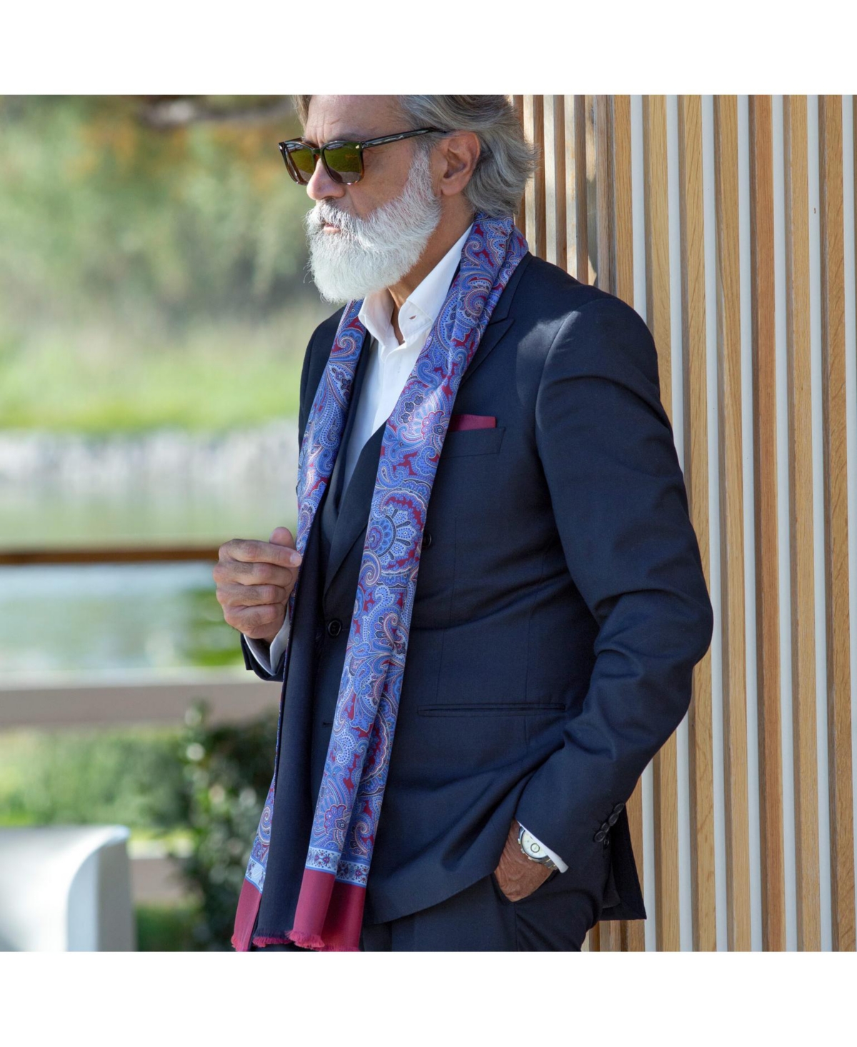 Men's Sorrento - Wool Backed Silk Scarf for Men - Black and blue