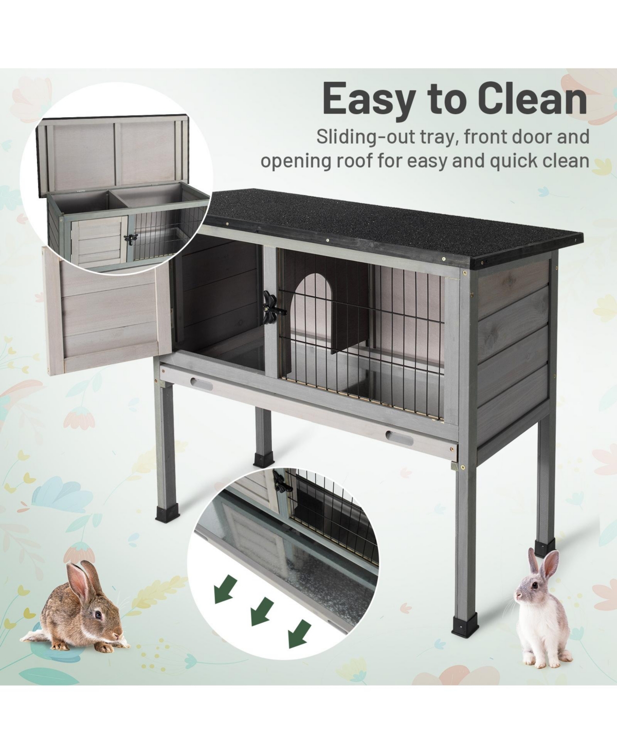 Gouun Elevated Rabbit Hutch with Hinged Asphalt Roof and Removable Tray