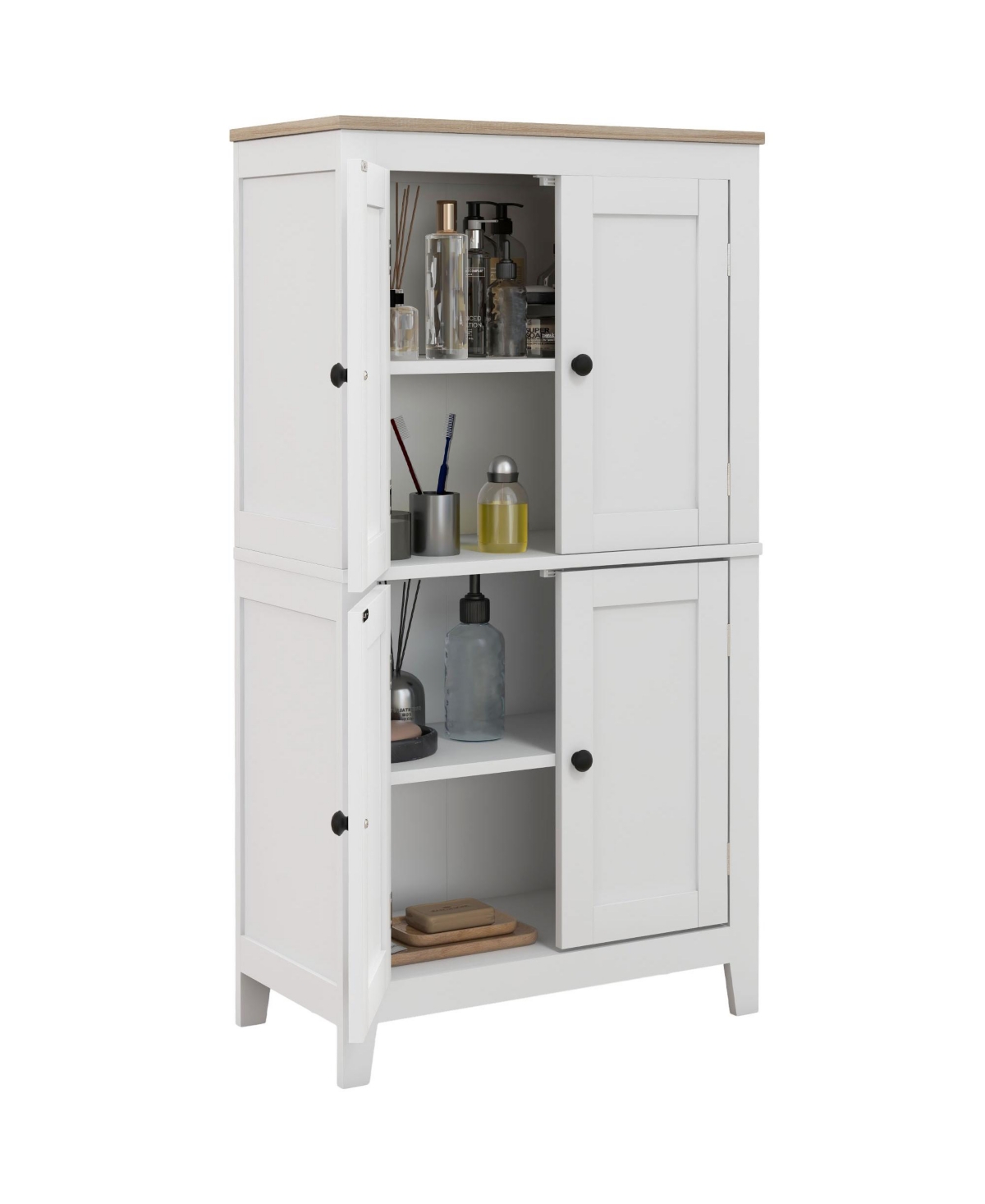 Bathroom Floor Cabinet with Adjustable Shelves and Doors, - White