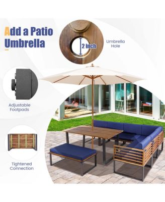 8pcs Patio Acacia Wood Dining Table & Ottoman Sofa Chair Set Outdoor Furniture