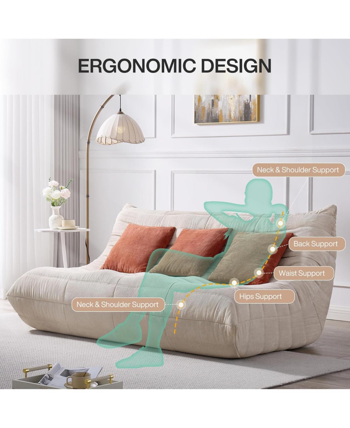 Tribesigns Modern Lazy Floor Sofa with 3 Pillows for Living Room Bedroom,High-Density Foam Giant Bean Bag Couch, Armless 3-Seater Comfy Accent
