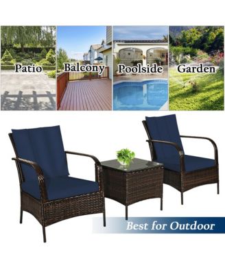 3 PCS Patio Rattan Furniture Set Coffee Table & 2 Rattan Chair