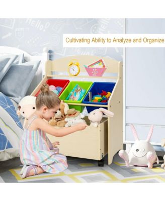 Kids Wooden Toy Storage Unit Organizer w/Rolling Toy Box &amp; Plastic Bins