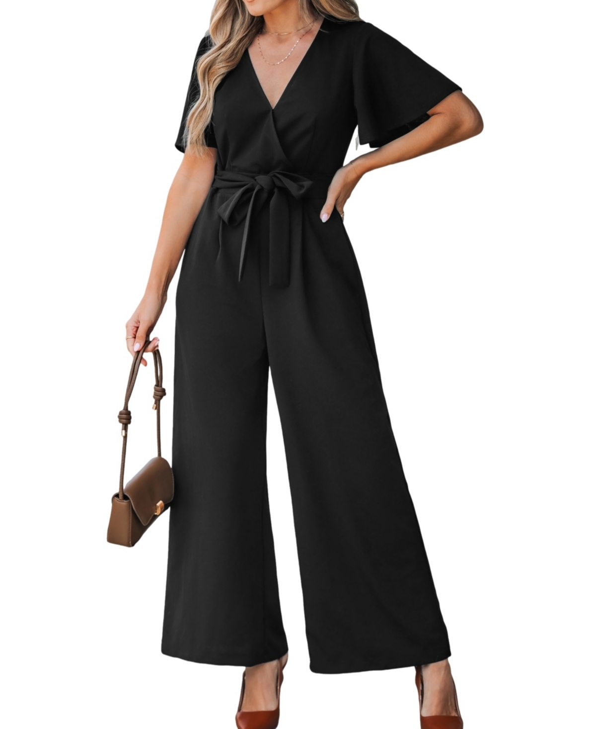 Women's Maroon Belted Jumpsuit - Black