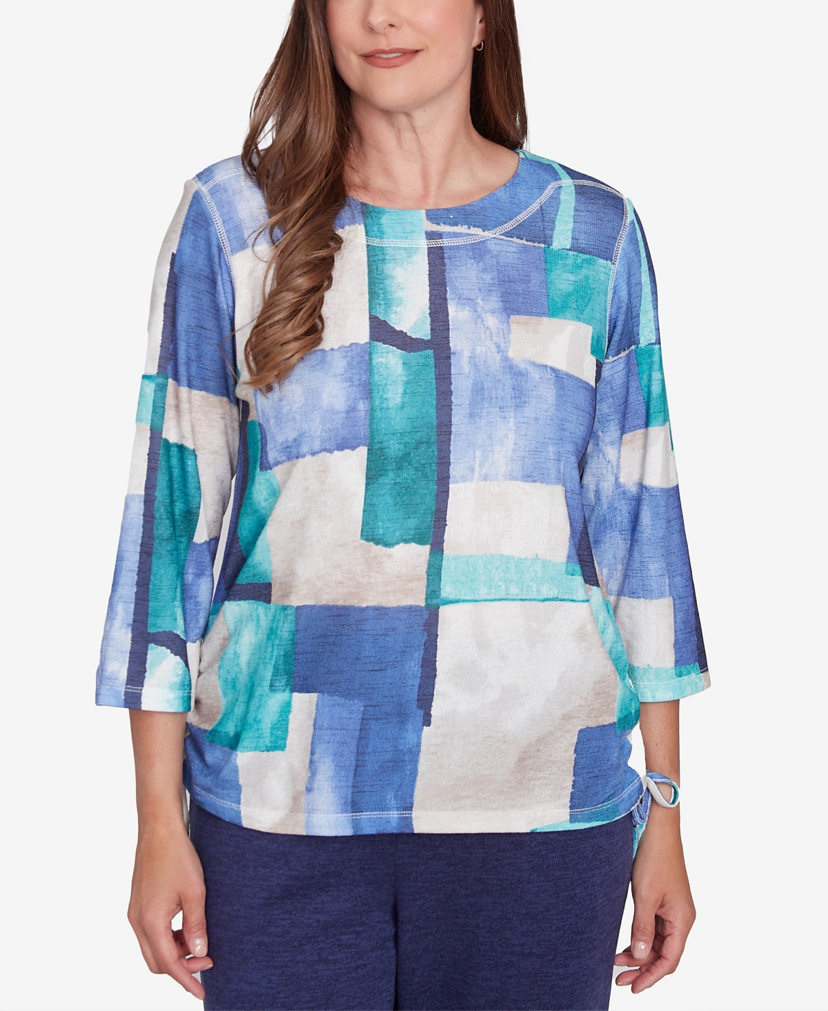 Women's French Quarter Blue Tone Box Print Ruched Top - Multi Blue