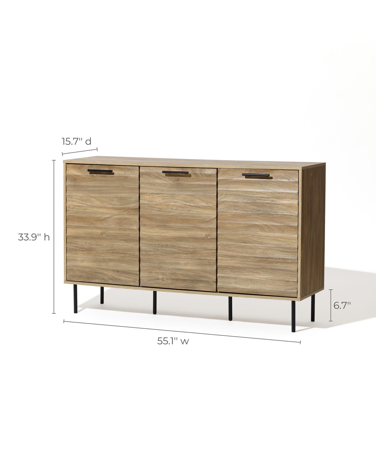 Luxenhome Mid-century Modern Wave 3-door 55.1-inch Wide Kitchen Sideboard Cabinet With Metal Legs In Natural,black