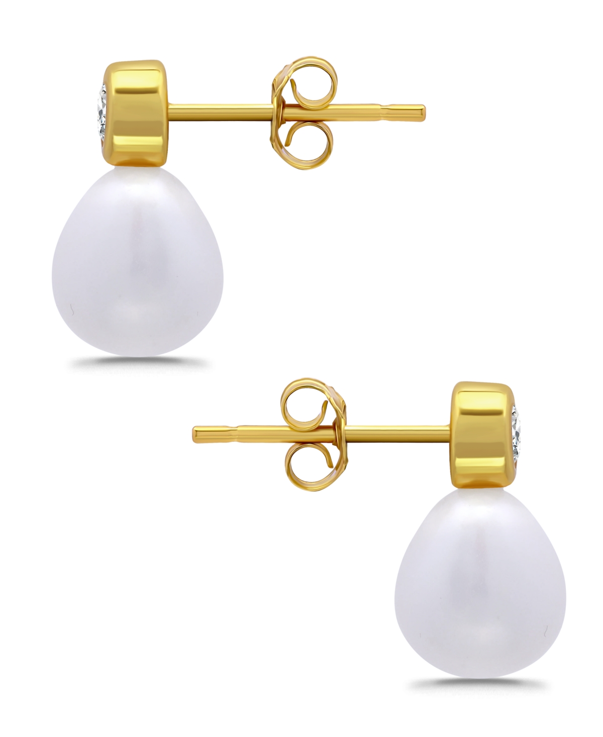 Macy's Teardrop Freshwater Cultured Pearl Cubic Zirconia Bezel Set Post Earrings In Gold