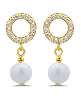 Freshwater Cultured Pearl Drop Cubic Zirconia Open Circle Post Earrings