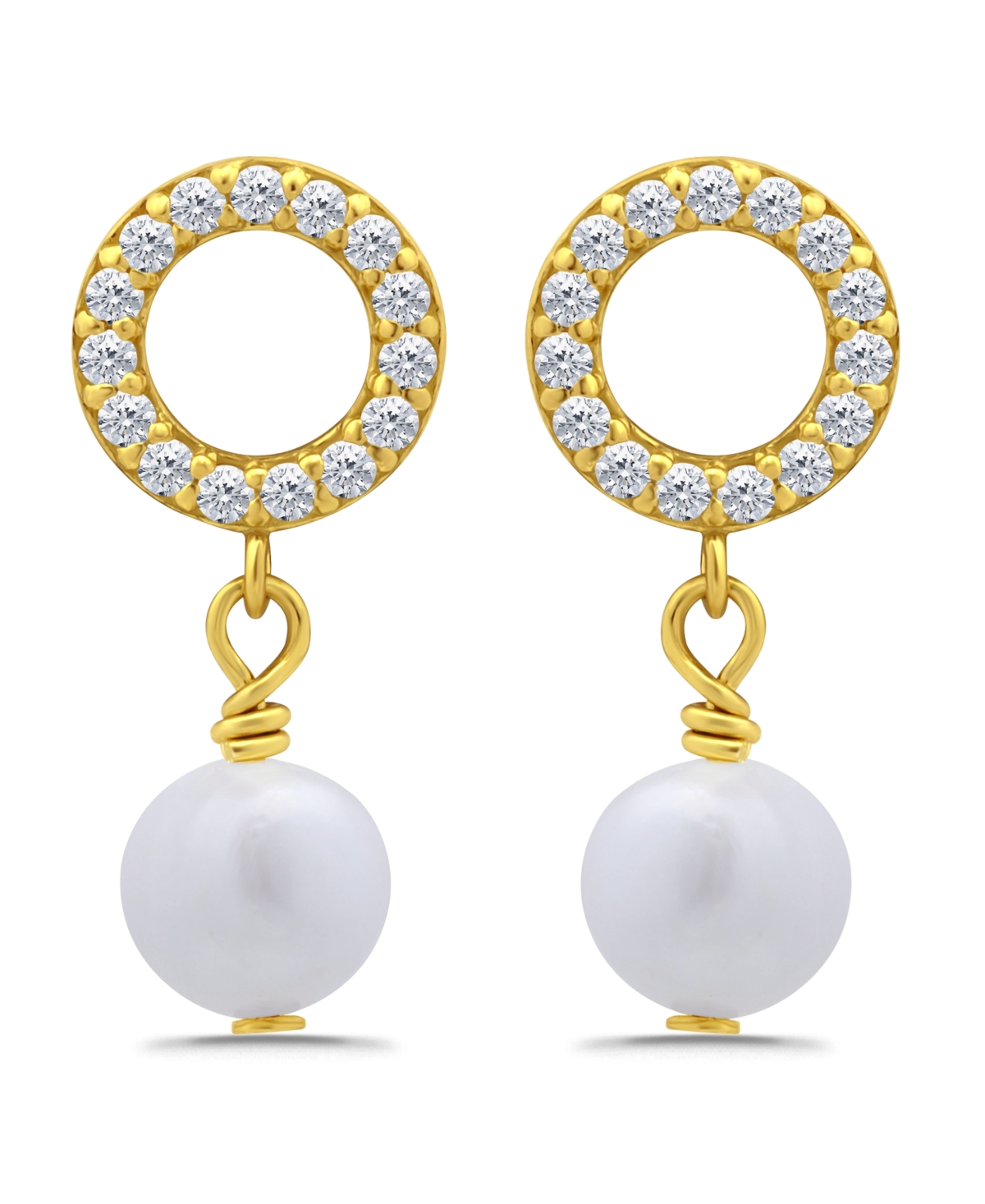 Macy's Freshwater Cultured Pearl Drop Cubic Zirconia Open Circle Post Earrings In Gold