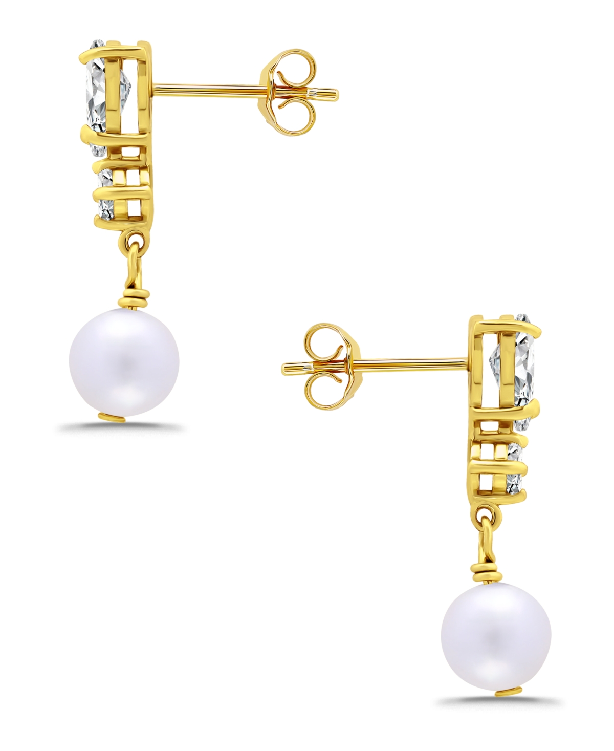 Macy's Freshwater Cultured Pearl Drop Cubic Zirconia Post Earrings In Gold