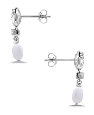 Macy Oval Freshwater Cultured Pearl Drop Cubic Zirconia Tulip Design Post Earrings
