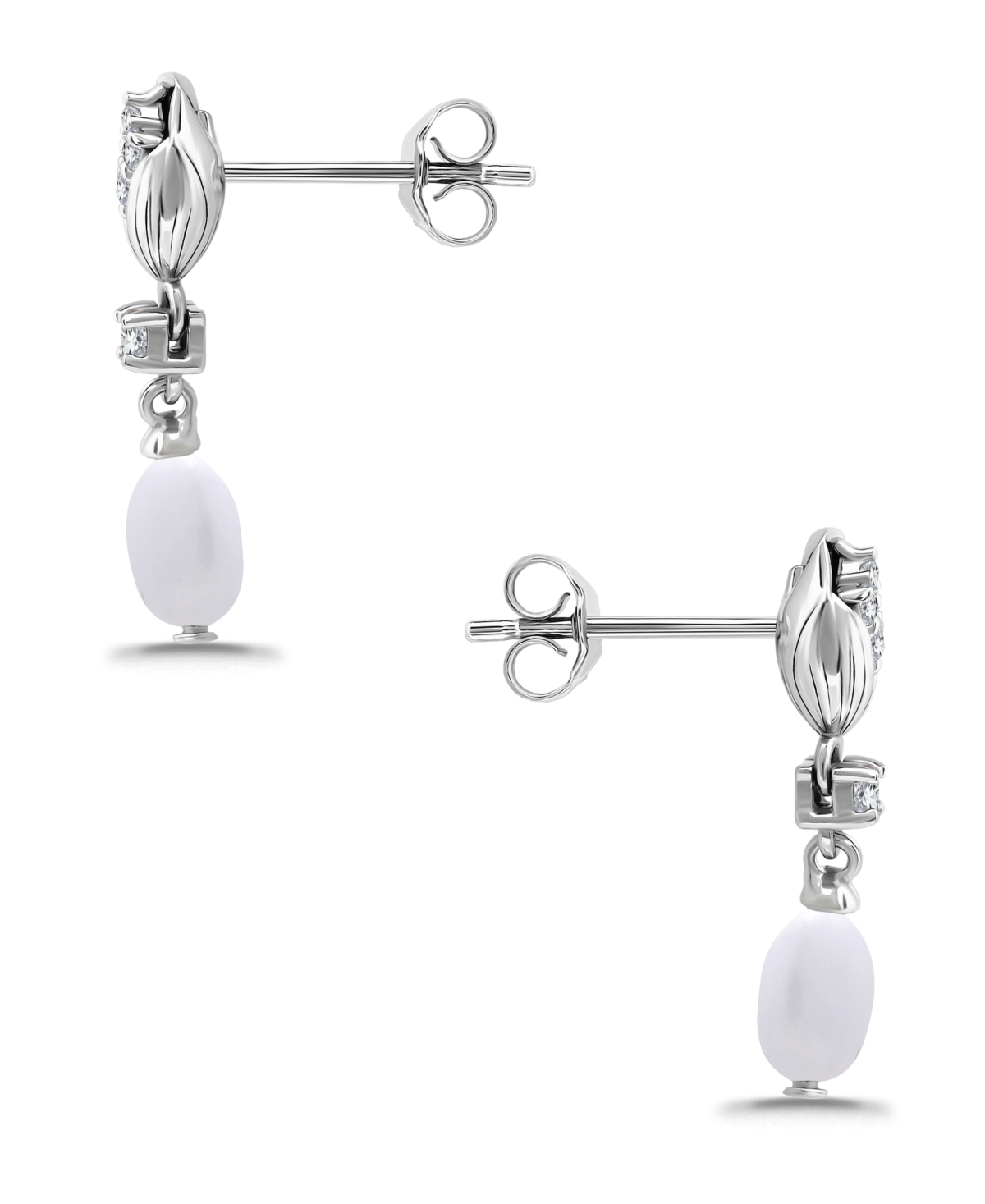 Macy's Macy Oval Freshwater Cultured Pearl Drop Cubic Zirconia Tulip Design Post Earrings In Silver