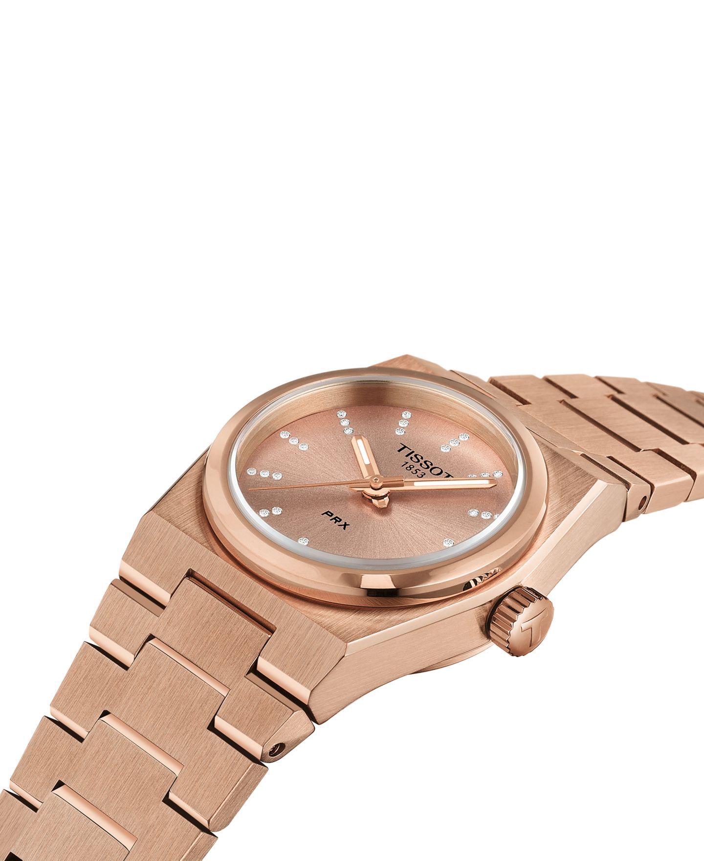 Женские часы Tissot Swiss PRX Diamond (1/20 ct. t.w.) Rose Gold-Tone Stainless Steel Bracelet Watch 25mm — фото 5