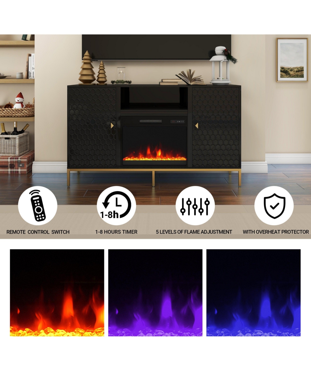 Mondawe Tv Stand with Electric Fireplace With Remote Control and Able to place items- Black