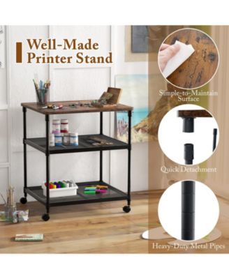 3 Tier Printer Stand Rolling Fax Cart with Adjustable Shelf and Swivel Wheels