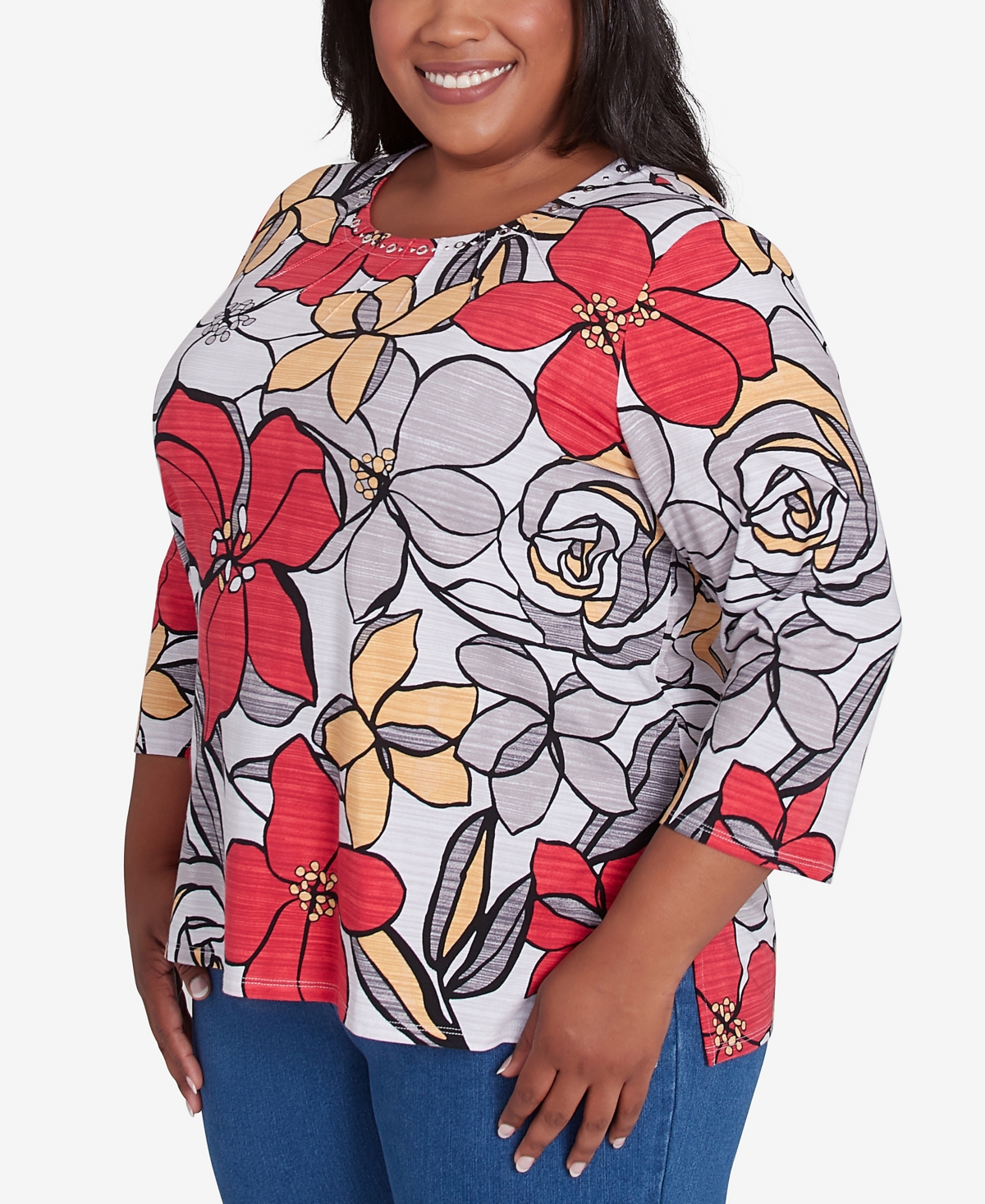 Alfred Dunner Plus Size Bold Floral Print Top In Multi