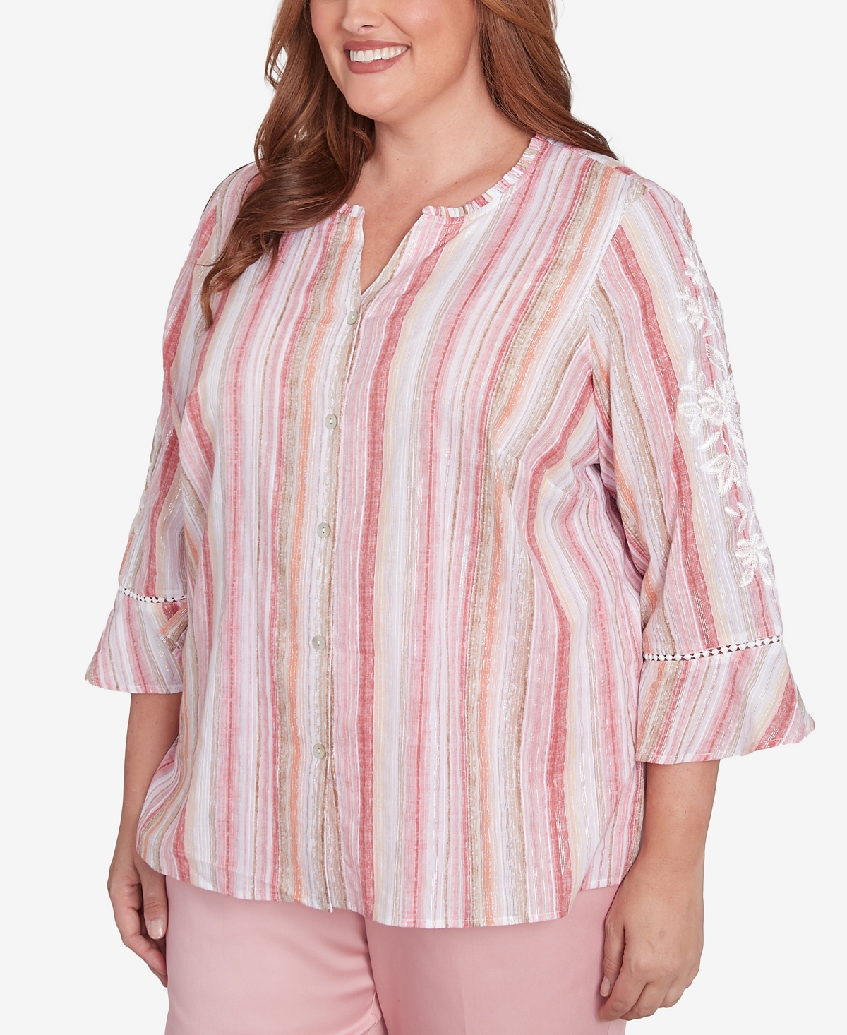 Alfred Dunner Plus Size Coming Up Roses Striped Button Down Embroidered Sleeve Top In Pink Multi