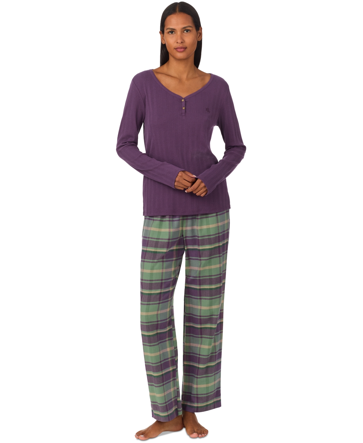 Lauren Ralph Lauren Women's 2-Pc. Long-Sleeve Henley Long Pants Pajama Set