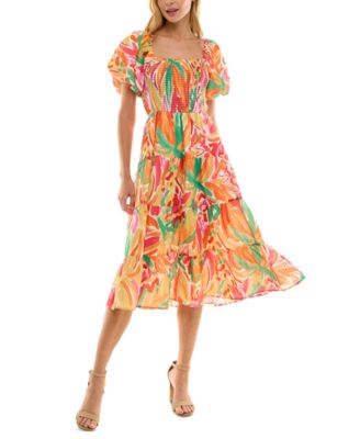 Crystal Doll - Juniors' Printed Square-Neck Bubble-Sleeve Dress