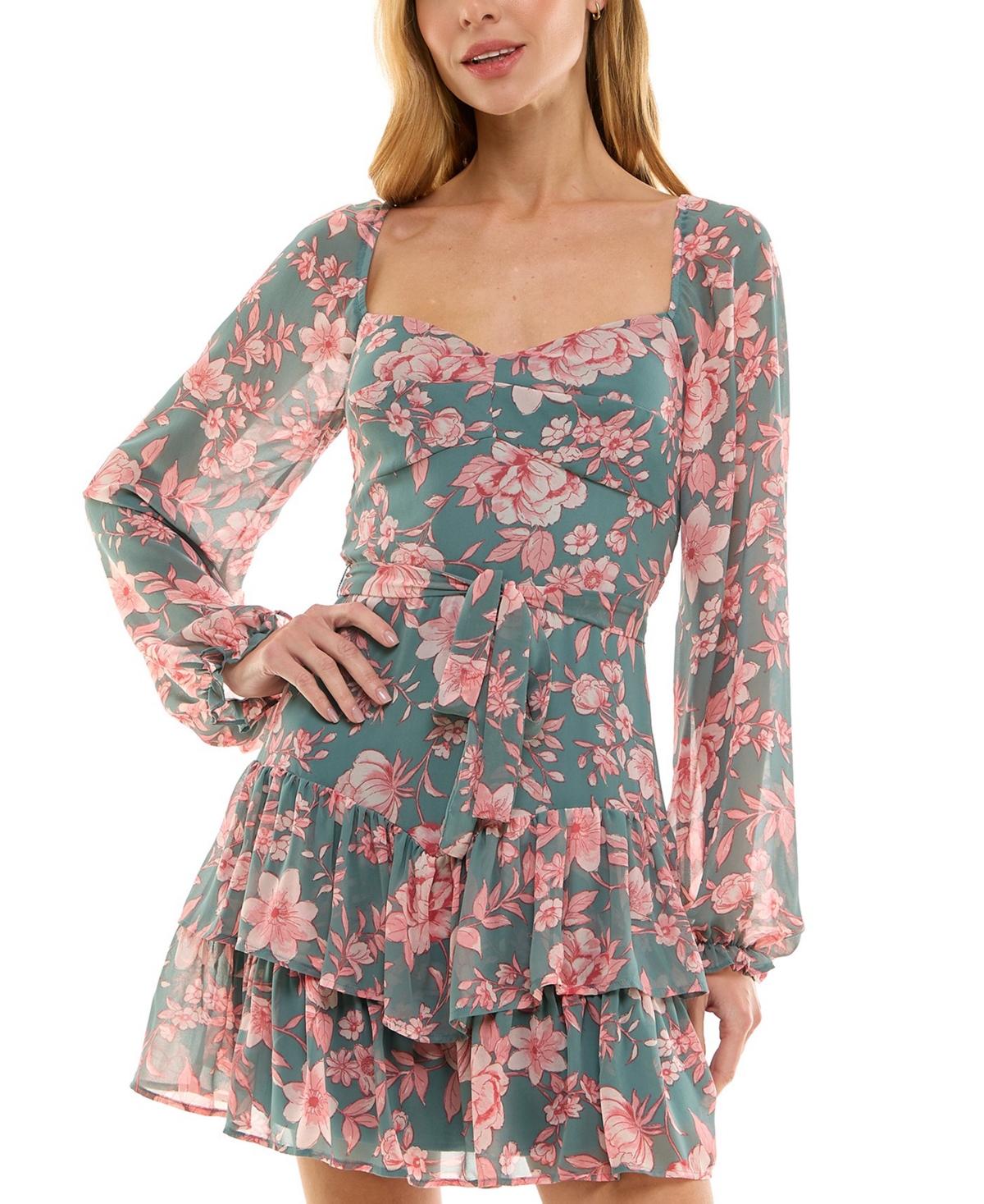 Juniors' Sweetheart-Neck Long-Sleeve Chiffon Dress - Green
