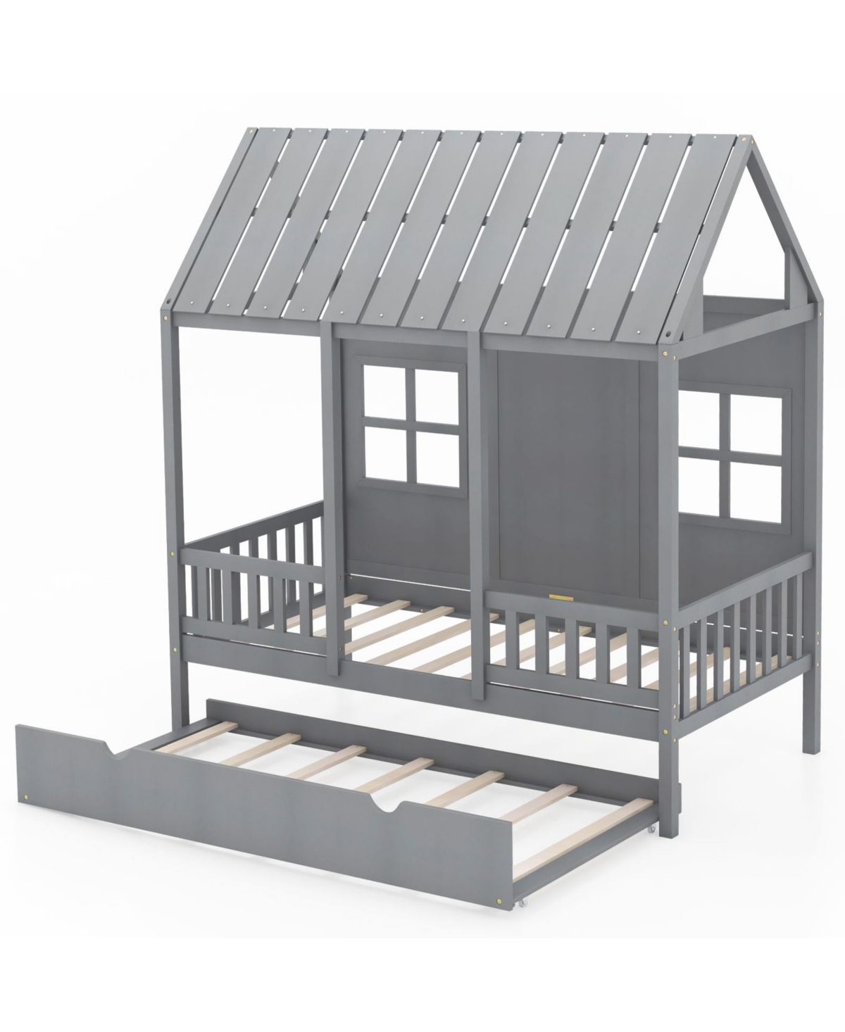 Twin Size Bed Frame House Bed with Trundle and 82 Inch Tall Roof - Grey