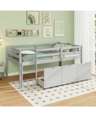 Twin Size Low Loft Bed with 3 Drawers with Ladder and Full-length Guardrails
