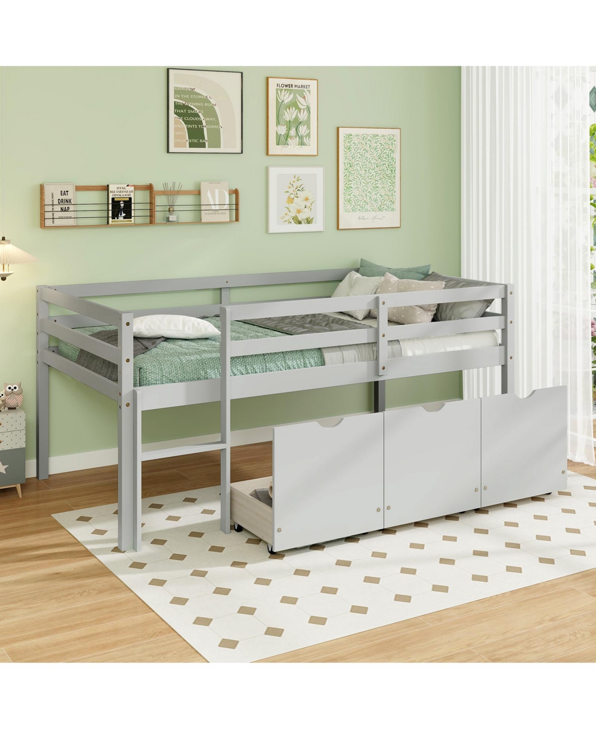 Gouun Twin Loft Bed with 3 Drawers with Ladder and Full-length Guardrails