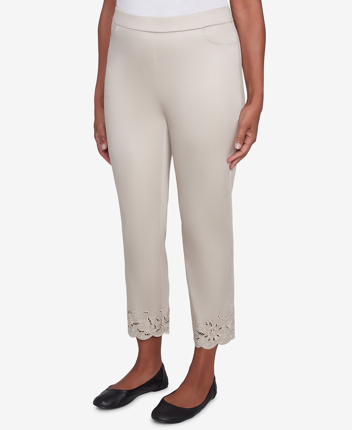 Alfred Dunner Petite Floral Cut Out Ankle Pants In Almond