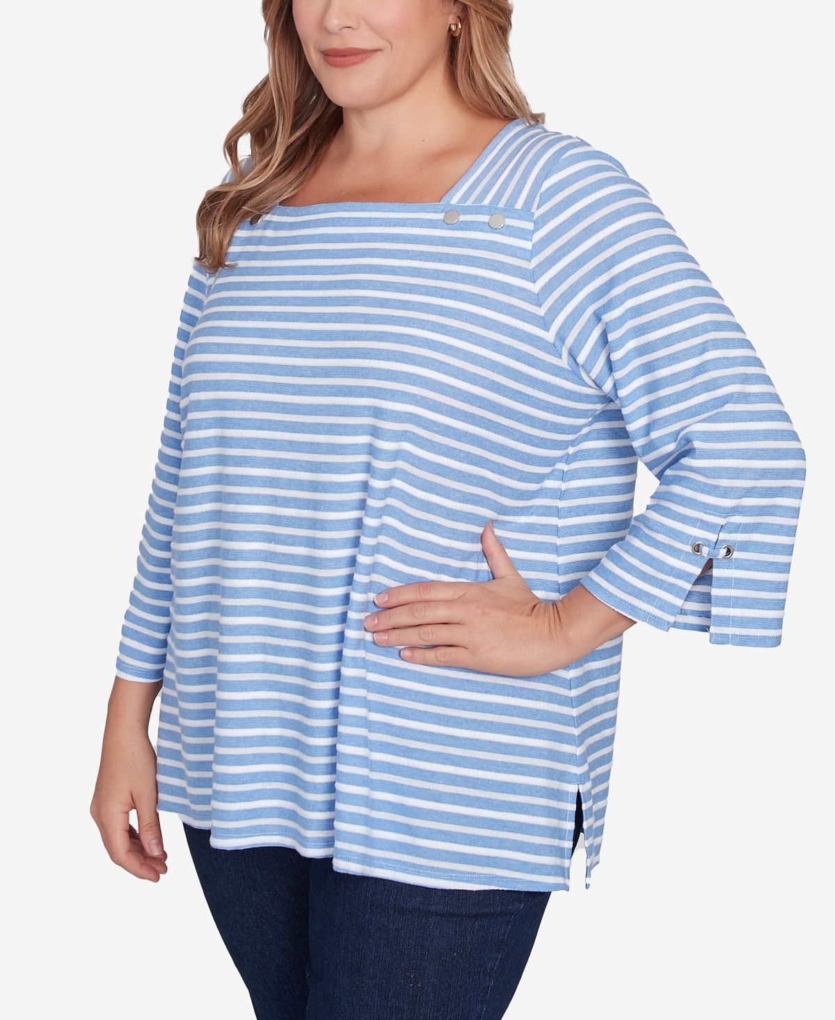 Ruby Rd. Plus Size Ribbon Stripe Laced Sleeve Top In Azure Multi