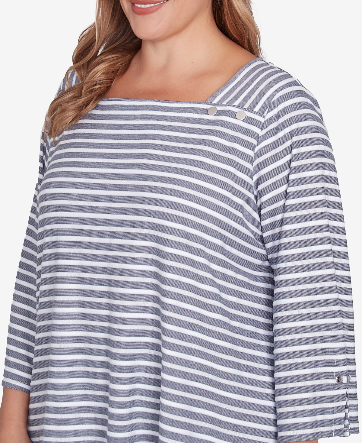 Ruby Rd. Plus Size Ribbon Stripe Laced Sleeve Top In True Navy Multi
