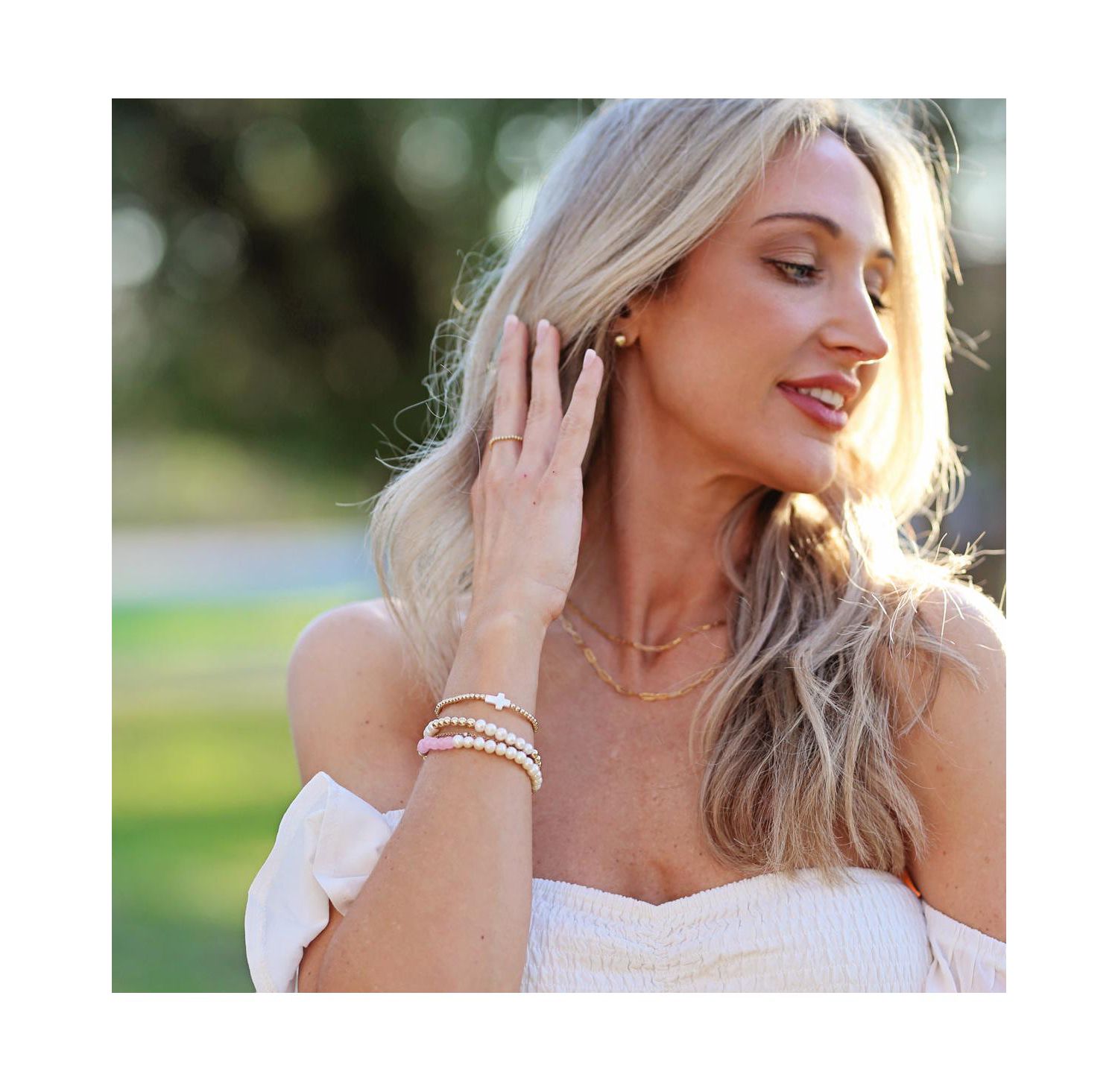 3mm Gold Filled Ball and Mother Of Pearl Cross Stretch Bracelet