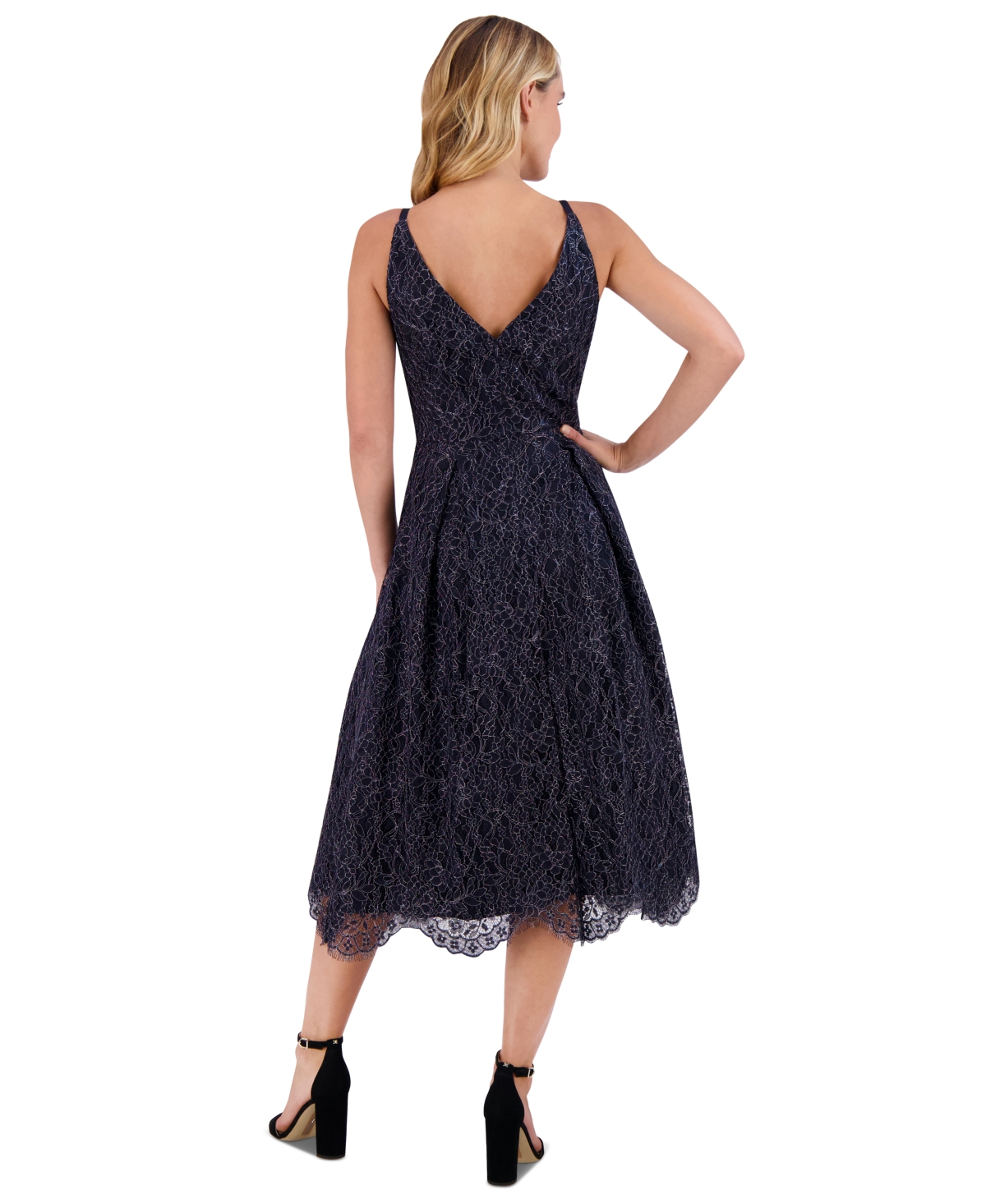 ELIZA J WOMEN'S FIT & FLARE METALLIC-EMBROIDERED LACE DRESS 
