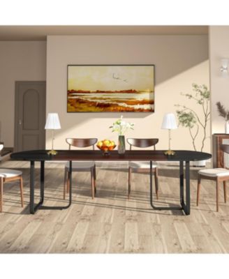 70.86" Modern Oval Dining Table with Walnut and Black Finish Splicing Board, Curved Kitchen Tables for 6-8, Large Dining Room Table with Stylish Metal Legs, Black Friday Deals 2024