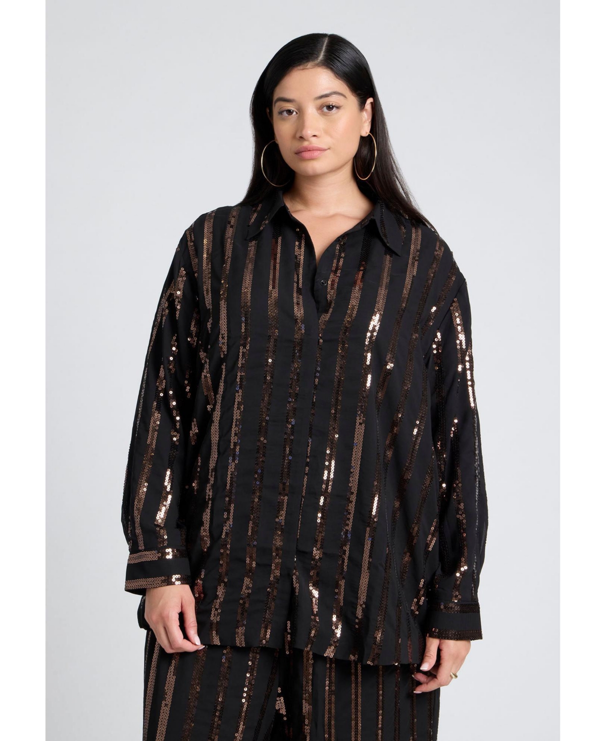 Eloquii Plus Size Sequin Stripe Oversized Button Up Shirt - Black and bronze