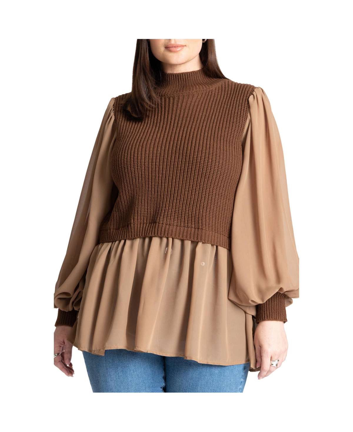 Plus Size Twofer Sweater With Chiffon - Buttercream