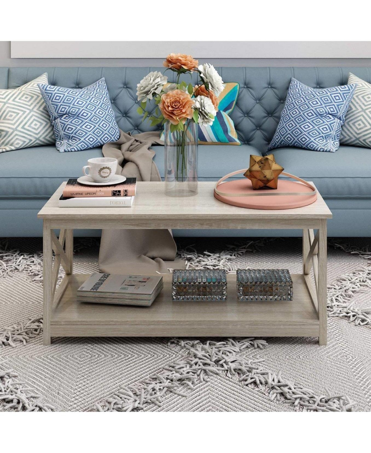 Slickblue Contemporary Farmhouse Coffee Table with Rustic Wood Finish for Living Room Decor