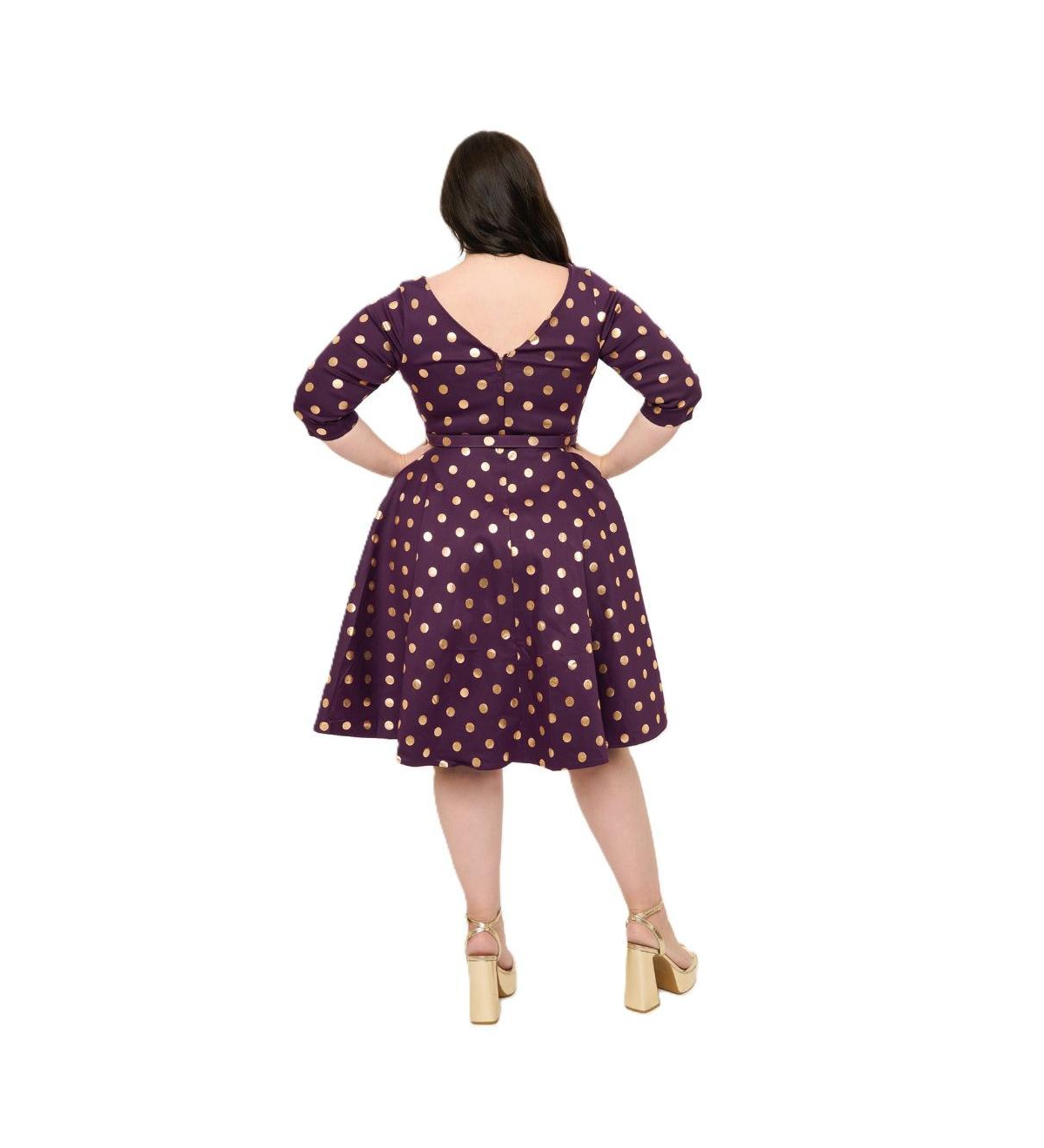 Unique Vintage Plus Size Three Quarter Sleeve Belted Devon Swing Dress - Eggplant  rose gold dots