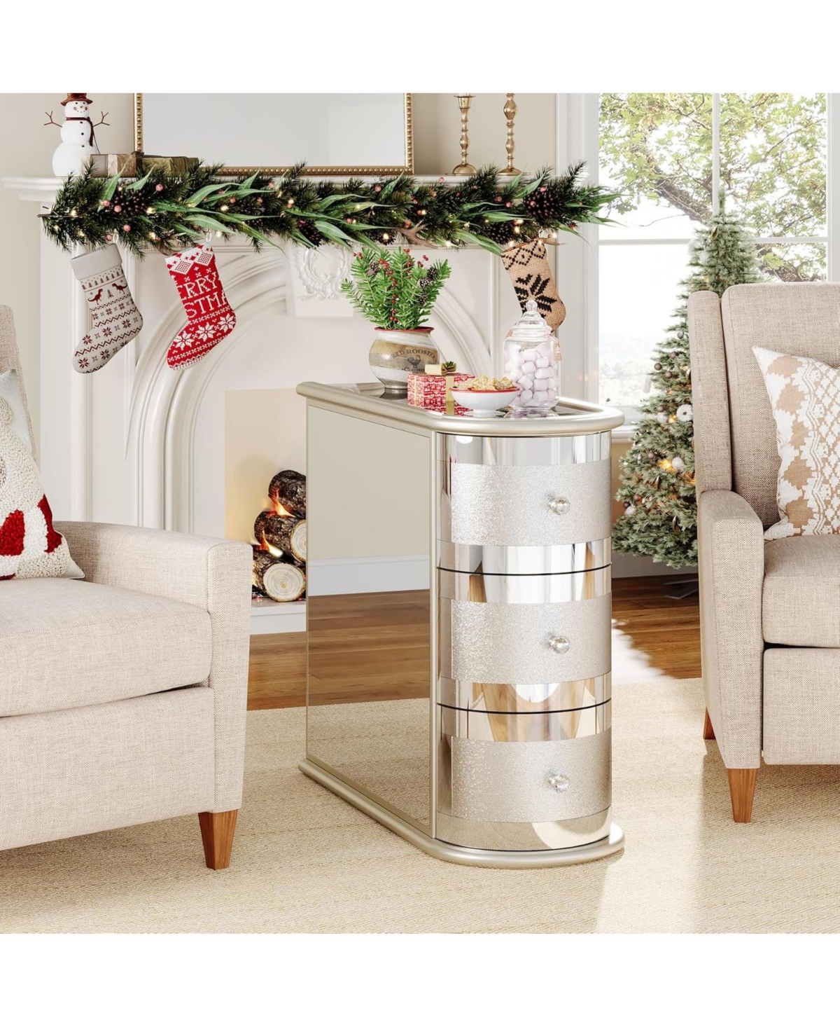 Tribesigns Wood End Table, 3-Drawer Mirrored Side Table, Narrow Sofa Side Table, No Assembly Required, Slim Nightstand Bedside Table for Living Room