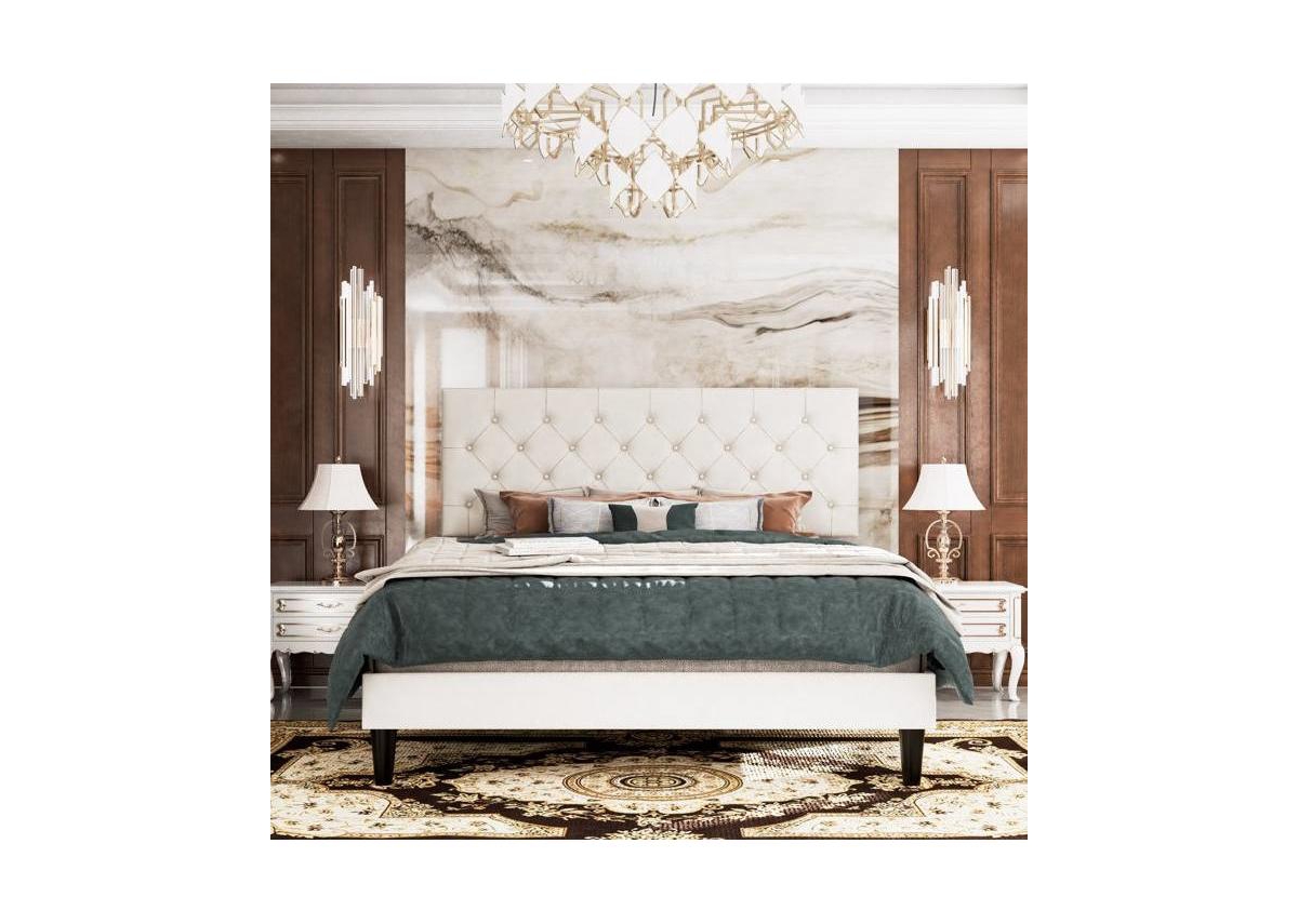 Slickblue Faux Leather Upholstered Platform Bed with Button-Tufted Headboard and Sturdy Frame