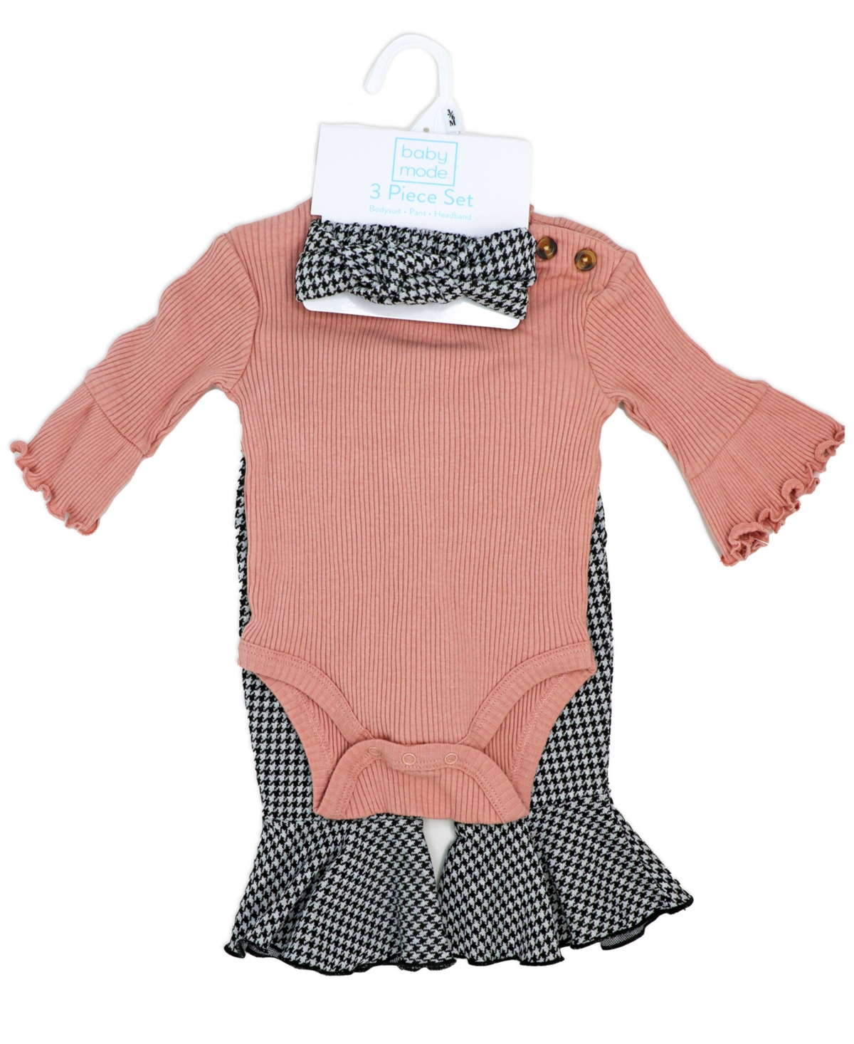 Baby Mode Baby Girls Houndstooth Ponte Bell Pant, Bodysuit and Headband, 3-Piece Set - Black