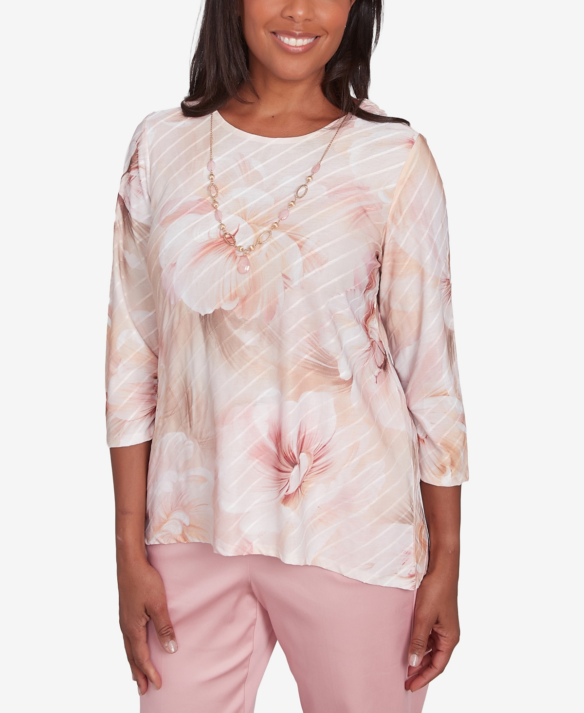Alfred Dunner Petite Textured Watercolor Flower Top With Necklace In Multi Pink