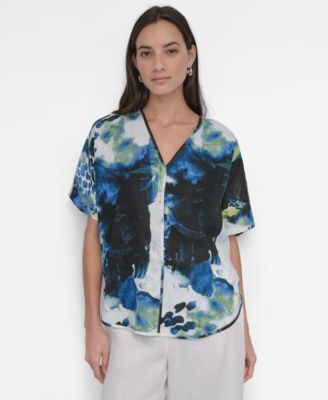 DKNY - Women's Seamed-Front V-Neck Curved-Hem Linen Blouse