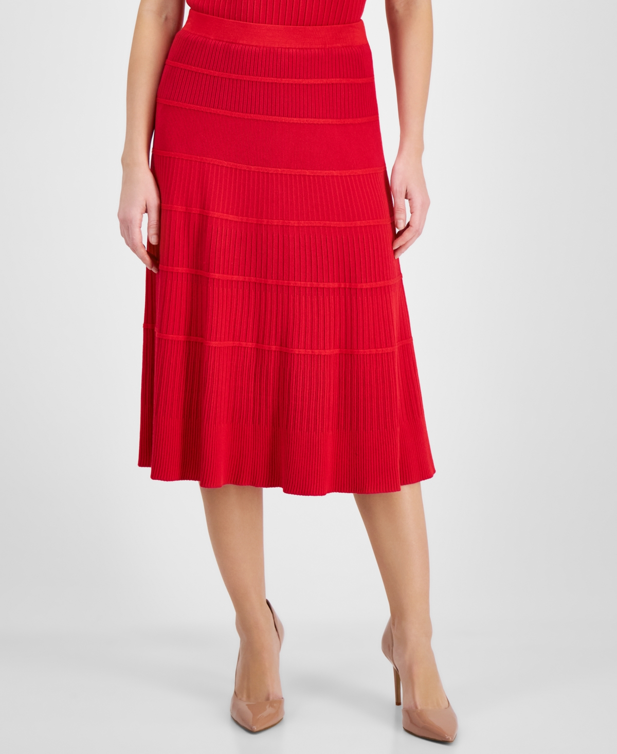 T Tahari Women's Mixed-rib Tiered Flared Midi Skirt In Gala Red,pink Heart