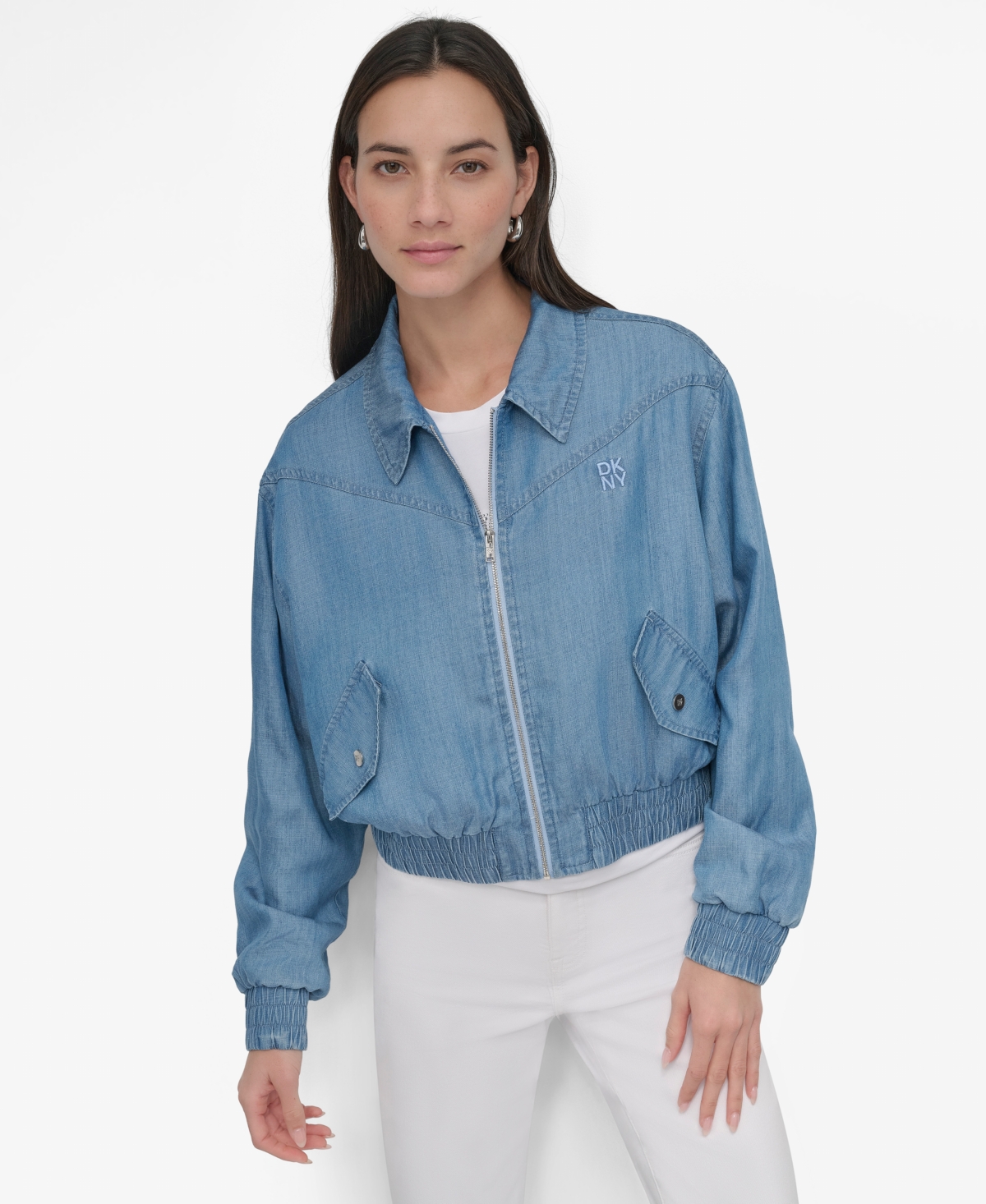 Dkny Women's Chambray Zip-front Bomber Jacket In Lt Chambray