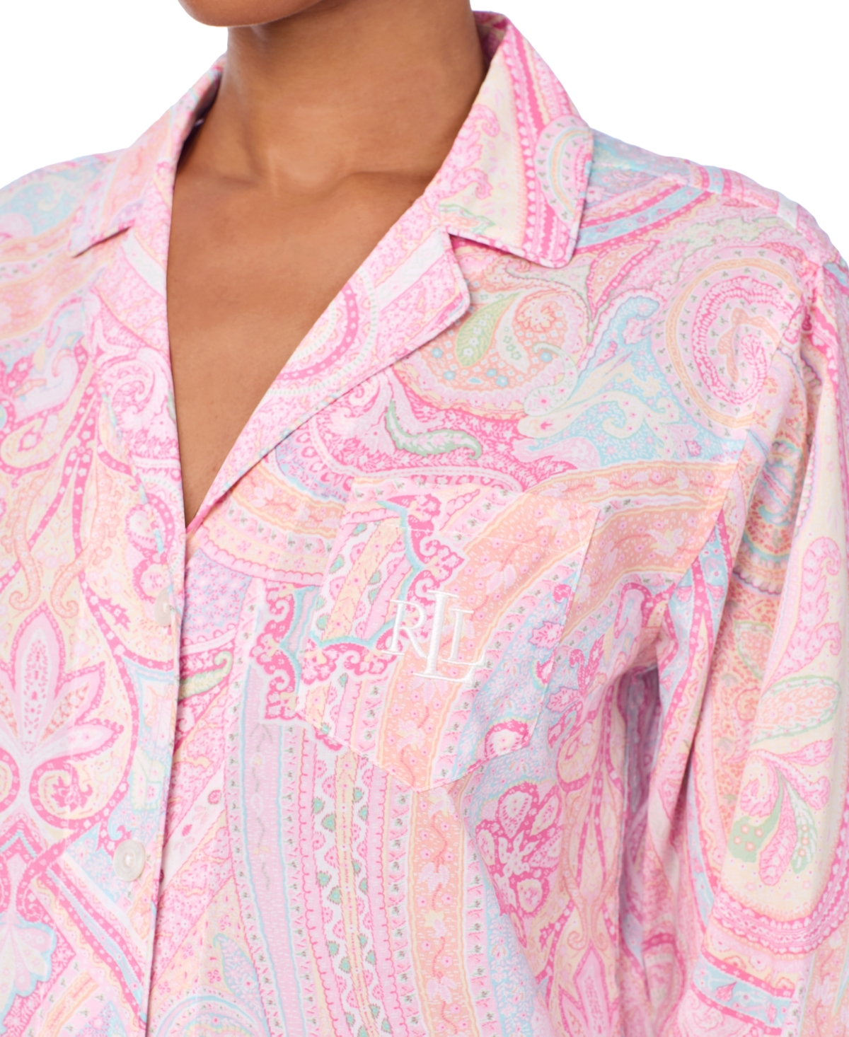 Shop Ralph Lauren Women's Long Sleeve Notch Collar Long Pant Pajama Set In Pink Paisley