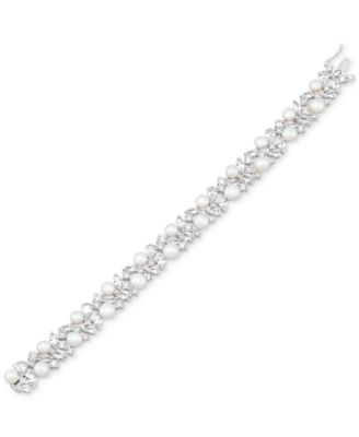 Cultured Freshwater Pearl (5 - 6-1/2mm) & Cubic Zirconia Statement Bracelet in Sterling Silver