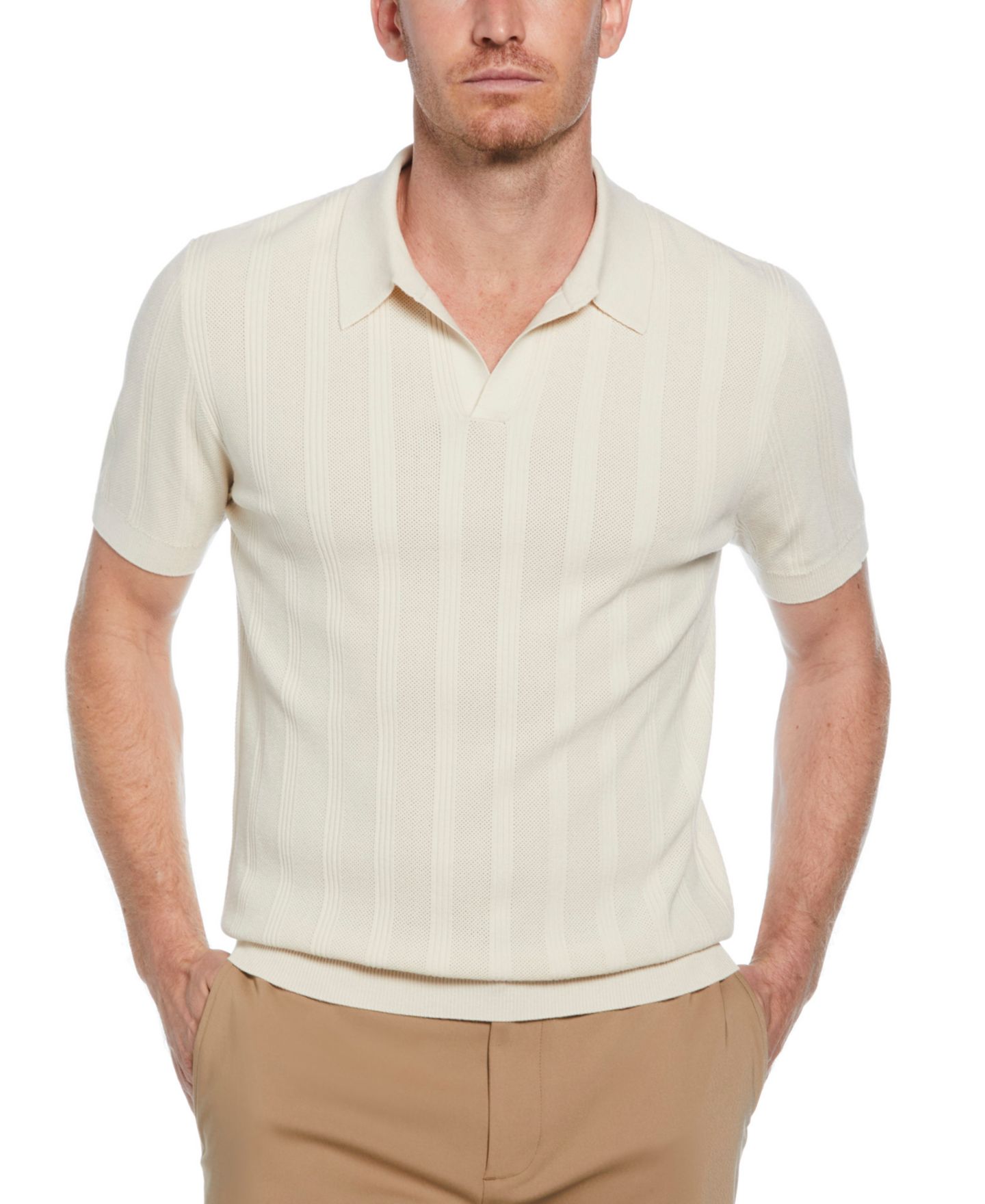 Мужской свитер Perry Ellis Johnny Collar Stripe Polo Sweater, цвет: Берёзовый — фото 1