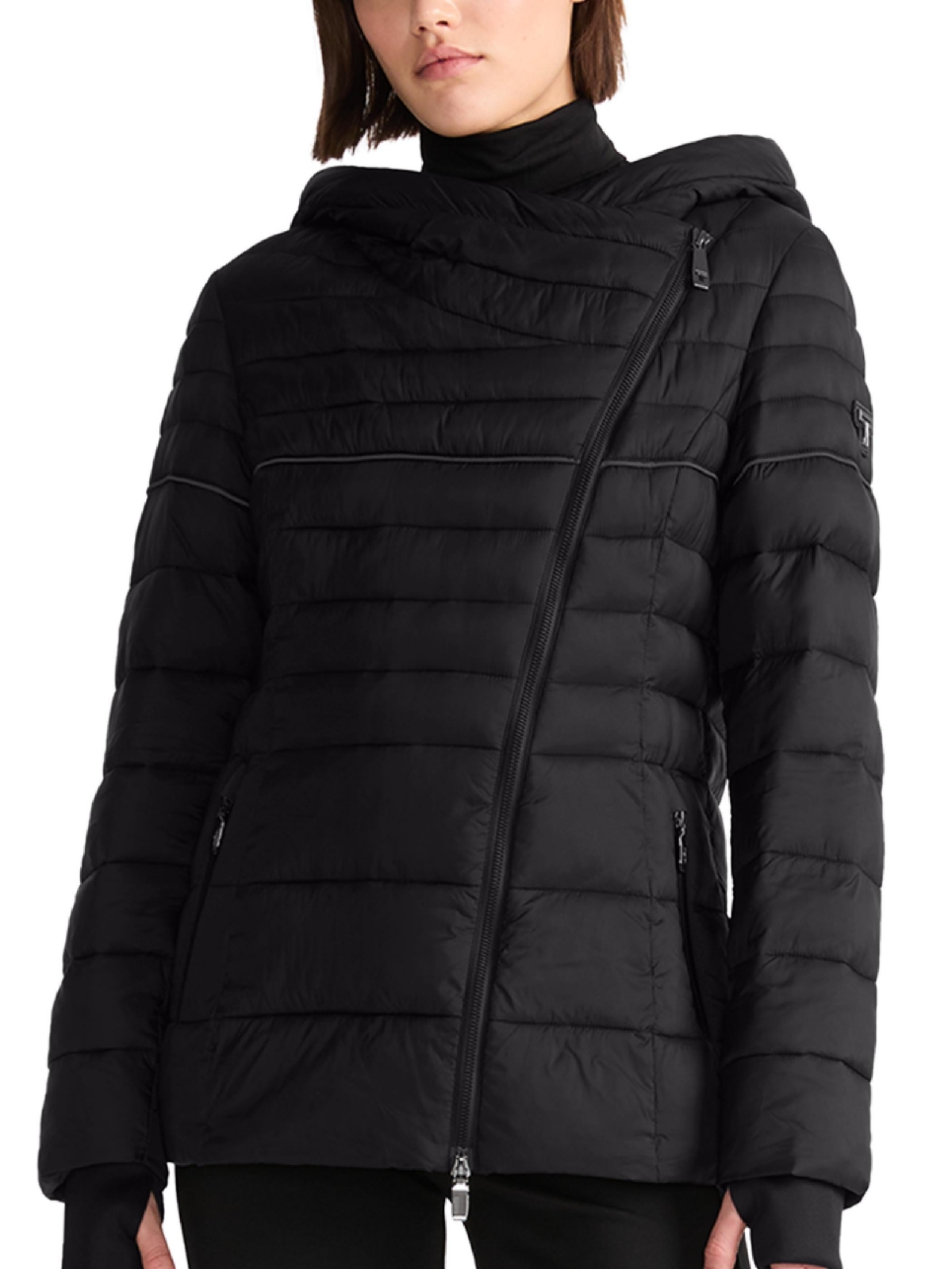 Women's Asymmetrical Zip Cowl Neck Quilted Midweight Puffer Coat with Prima Loft Fill - Black