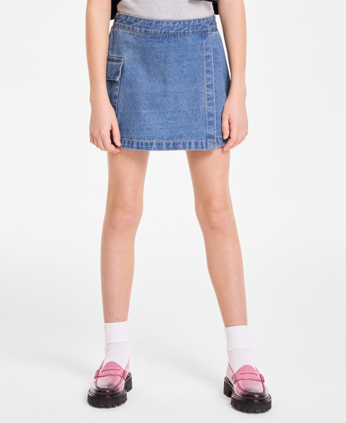 Tommy Hilfiger Big Girls Cotton Denim Wrap Cargo Skort In Dekalb Wash